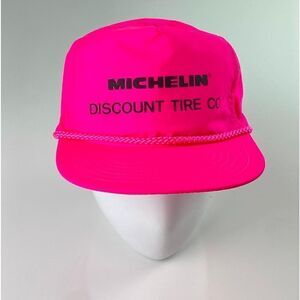 Vtg Speedway Michelin Discount Tire Co Snapback Rope Brim Trucker Hat Hot Pink